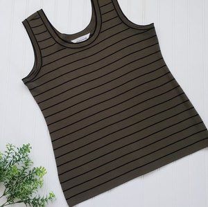 Misook Top Knit Shell Tank Top Olive Green Black Stripe size Medium